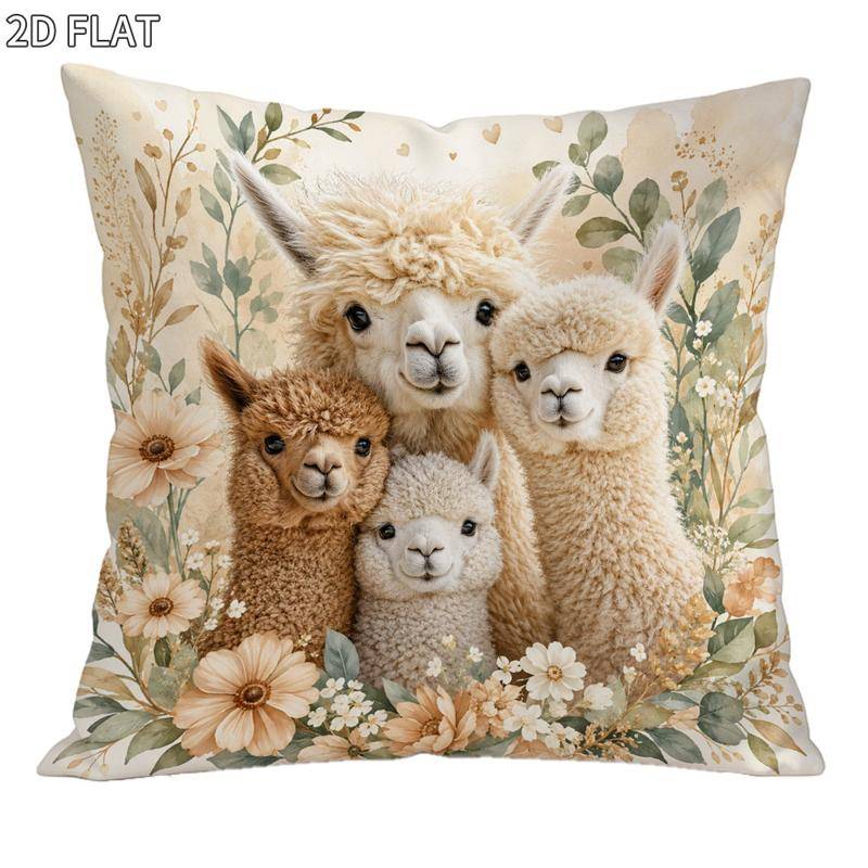 1pc 18x18in Cute Alpaca Floral Cushion Cover, Warm Gentle Tone, Cozy Lovely Atmosphere, Soft - Floral Decor, Ideal For Bedroom Living Room, High - Quality Pillowcase For Home Decoration