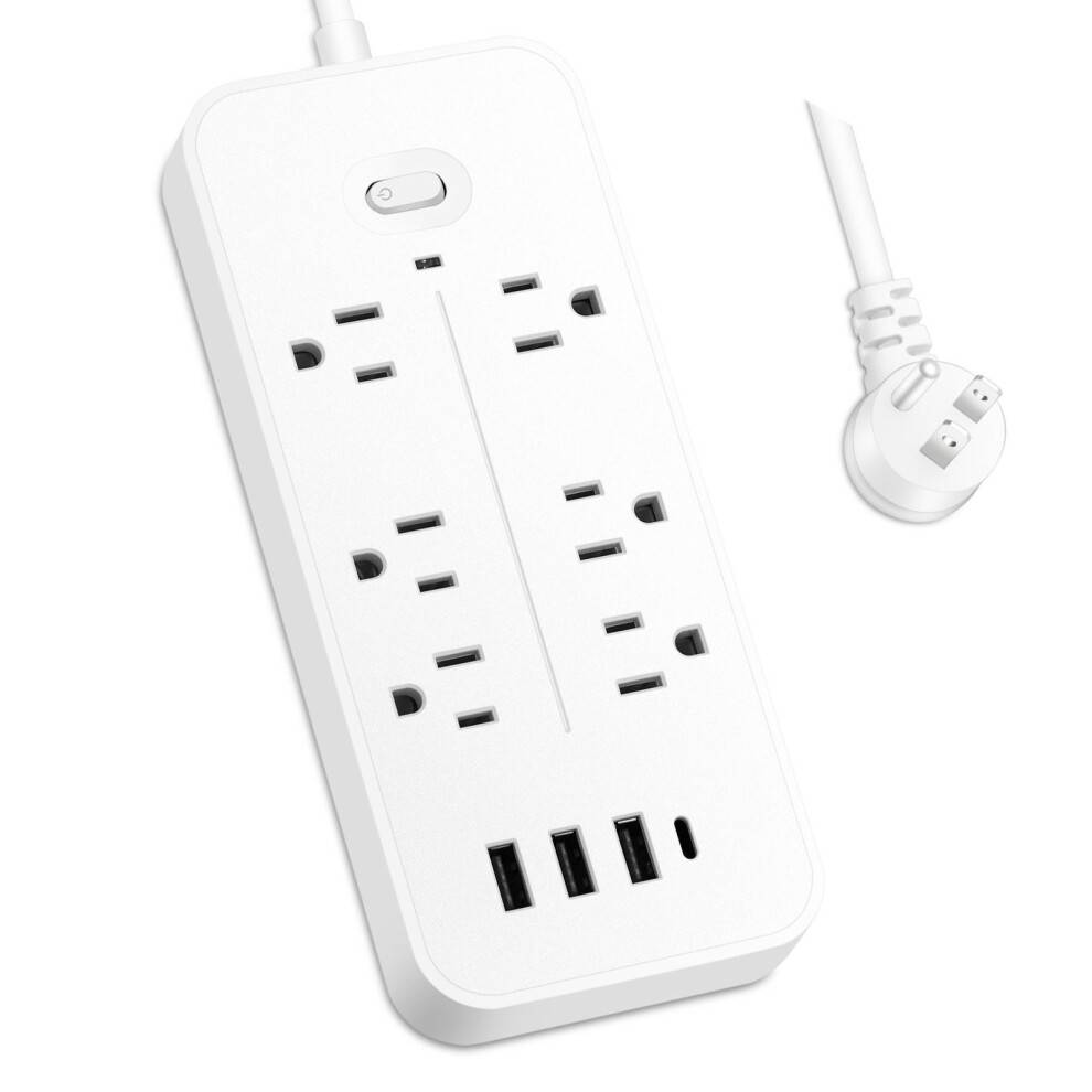 Tilpasningsbar overspændingsbeskytter-strømskinne til hjemmekontor, 6 stikkontakter og 3 USB-porte inklusive 1 USB C, brandsikkert materiale,