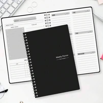 1 st vecko-planeringsblock, skolmaterial, kontorsmaterial, spiralblock, back to school-nödvändigheter, lärarengåva, lärartillbehör, studentblock - Svart (A5,Bärbar kalender i A5+-format)