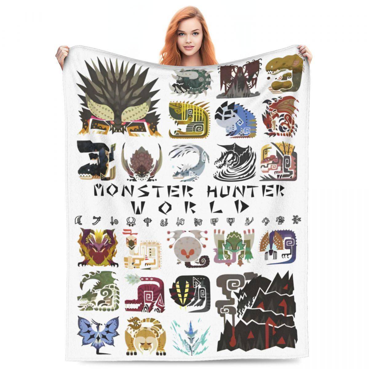 Spel Monster Hunter Flanellfiltar Tecknad Varm Mjuk Pläd för Utomhuscamping Tryckt Sängöverkast Soffa Sängskydd gray