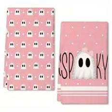 1pc,Halloween Kitchen Towel - Spooky Pink Ghost Cartoon Design, Super Soft Polyester Blend Dish Cloth, Contemporary Style, Woven, Machine Washable, Farmhouse Home Decor