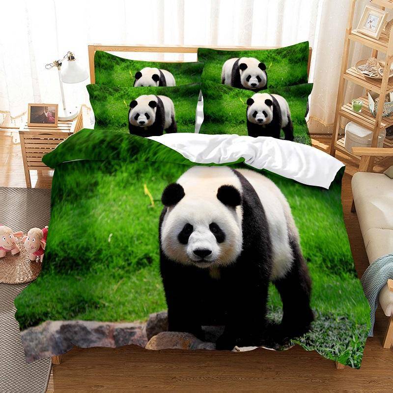 Panda påslakanset Söt djurmönster med två sängar för pojkar, flickor, mikrofiber, vild jätte panda i king size täcke US Full(200x230cm)