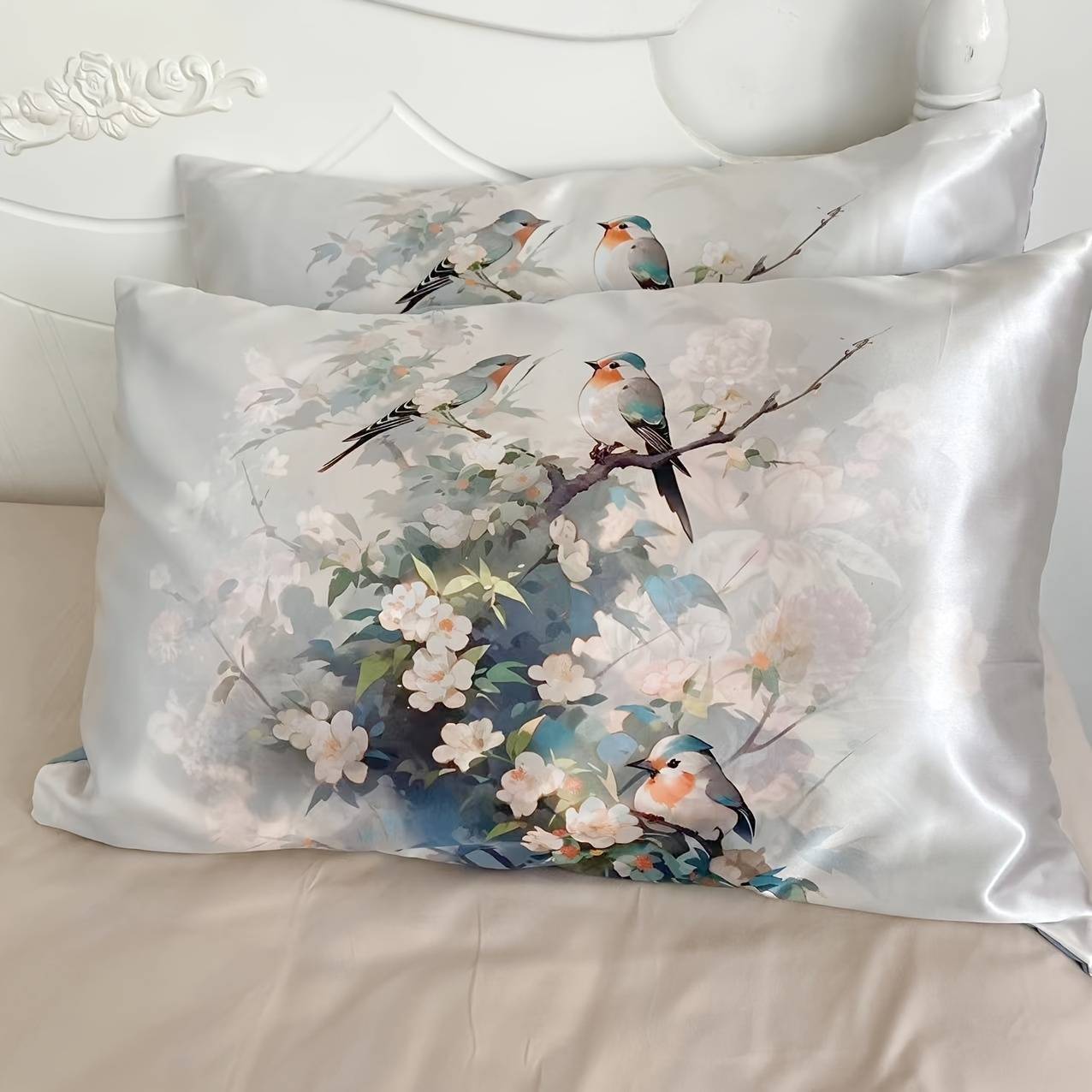 TEMU 3d Printed Satin Flower And Bird 2pcs Pillowcase, Bedroom Sofa Decoration