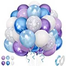 Frysta blå lila ballonger, 50 st 12 tums lila vit blå helium latex ballonger med metalliska snöflinga ballonger för prinsessan födelsedag Baby shower Winter Wonderland Christmas Party