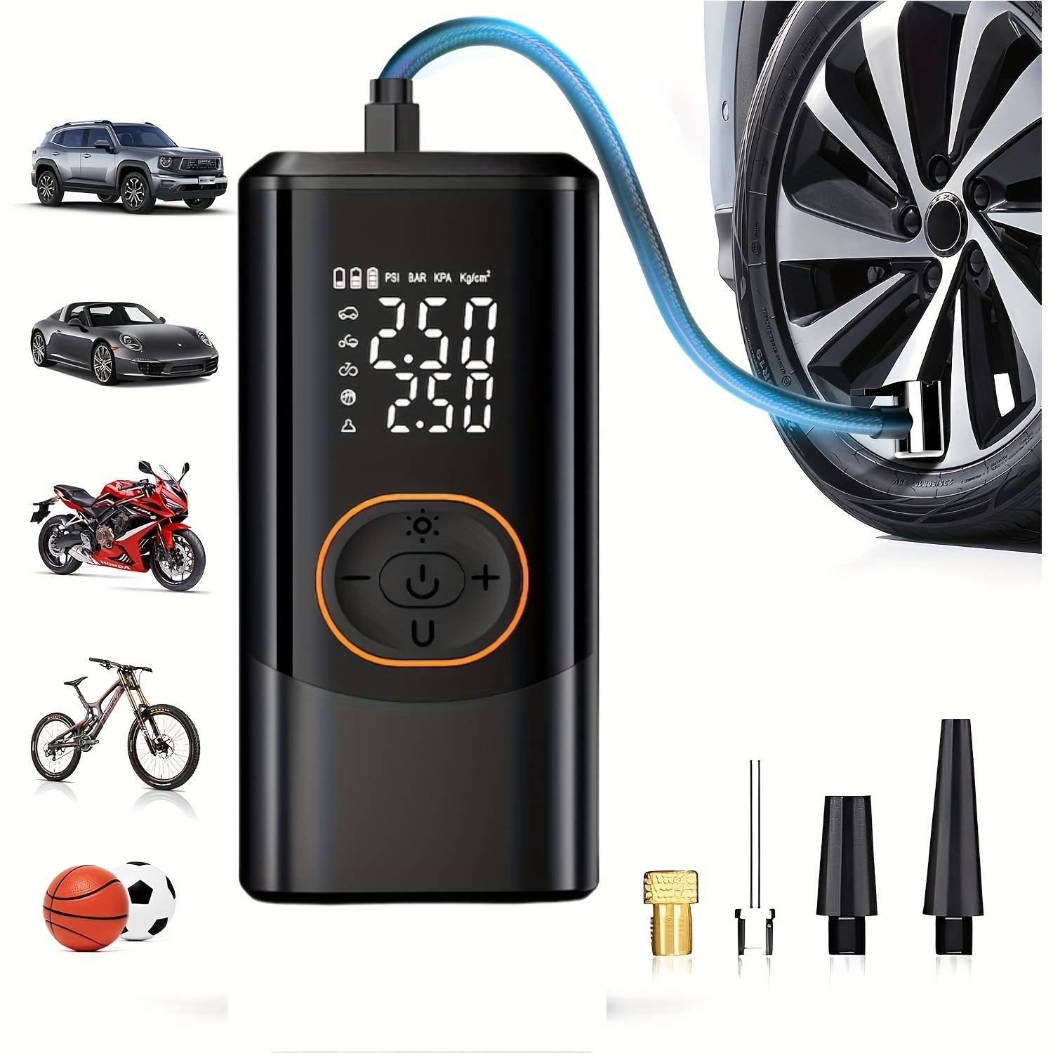 TEMU Bike Tire Pump, Black Tire Inflator Portable Air Compressor, Digital Pressure Gauge Tire Pump, 150psi Rechargeable Battery, Led Light, For Car, Motorcycle, Bicycle Etc