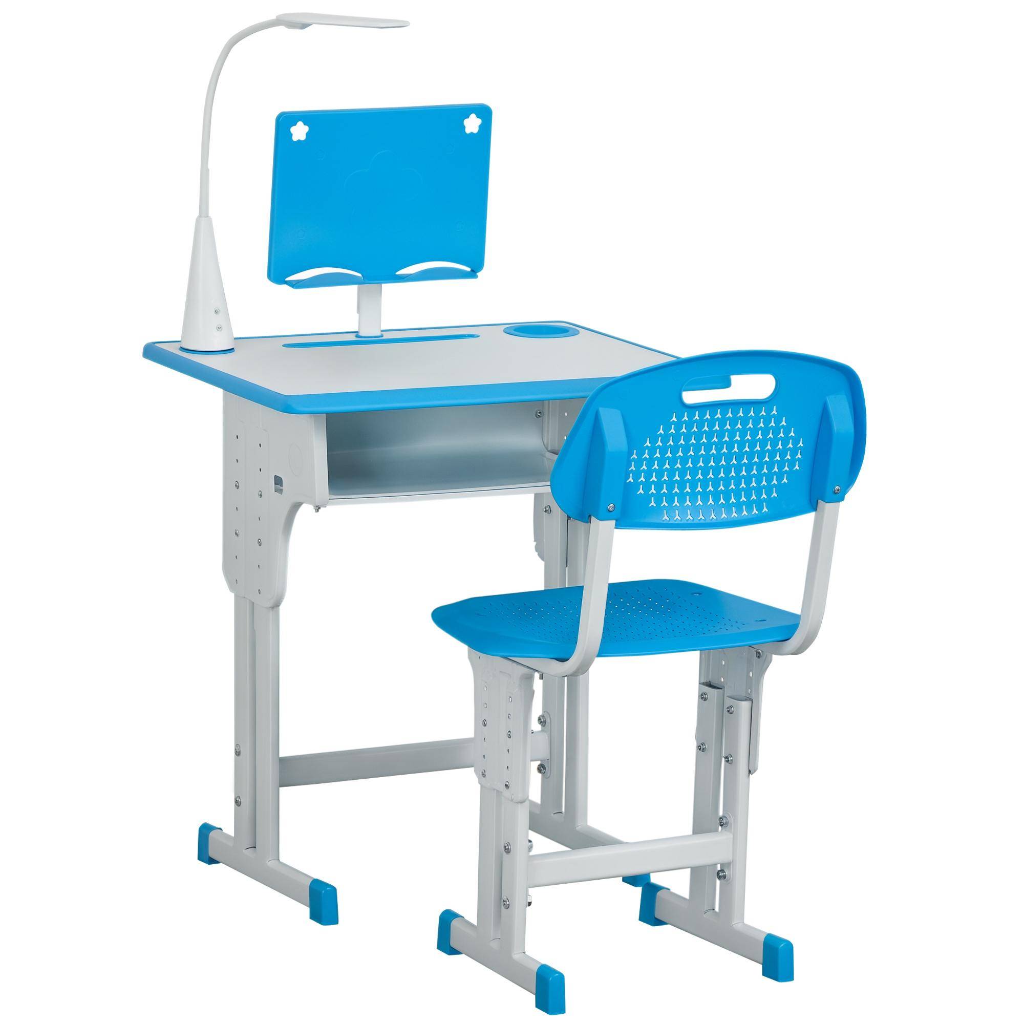 Kids Desk and Chair Set Adjustable Height Study Table Set with Drawer, Book Stand, Pen Slot - Blue