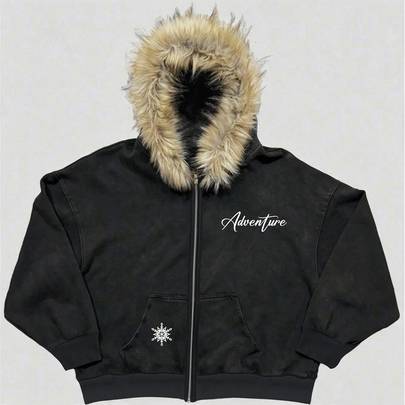 Casual hoodiejacka för tonårspojkar med bokstavstryck och fransad kant, perfekt för höst/vinter och skolstart - Svart (14Y,12Y,13Y,16Y,15Y)