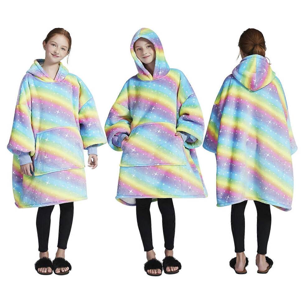 (Rainbow) Kids Girls Boys Oversized Hoodie Animal Snuggle Blanket Super Soft Warm Fleece U