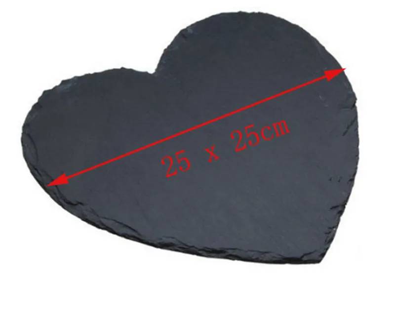 Svart fast naturlig skiffer hjärtformad middag bröllopsplatta grillbricka kaka sushi sten middag ost pizza platt matbricka - 25 x 25cm