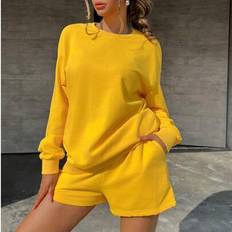 '100 % bomull dam sweatshirt Pocket Shorts Set i två delar, tunna vår/sommar träningsbyxor, Casual Mångsidig Holiday Street College Style - gyllene (L,M,S,XL)