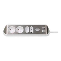 Schuko, 4-stikdåse med USB opladning, Hvid-Alu Stikprop:Dansk stikprop - Ledningslængde:2 meter