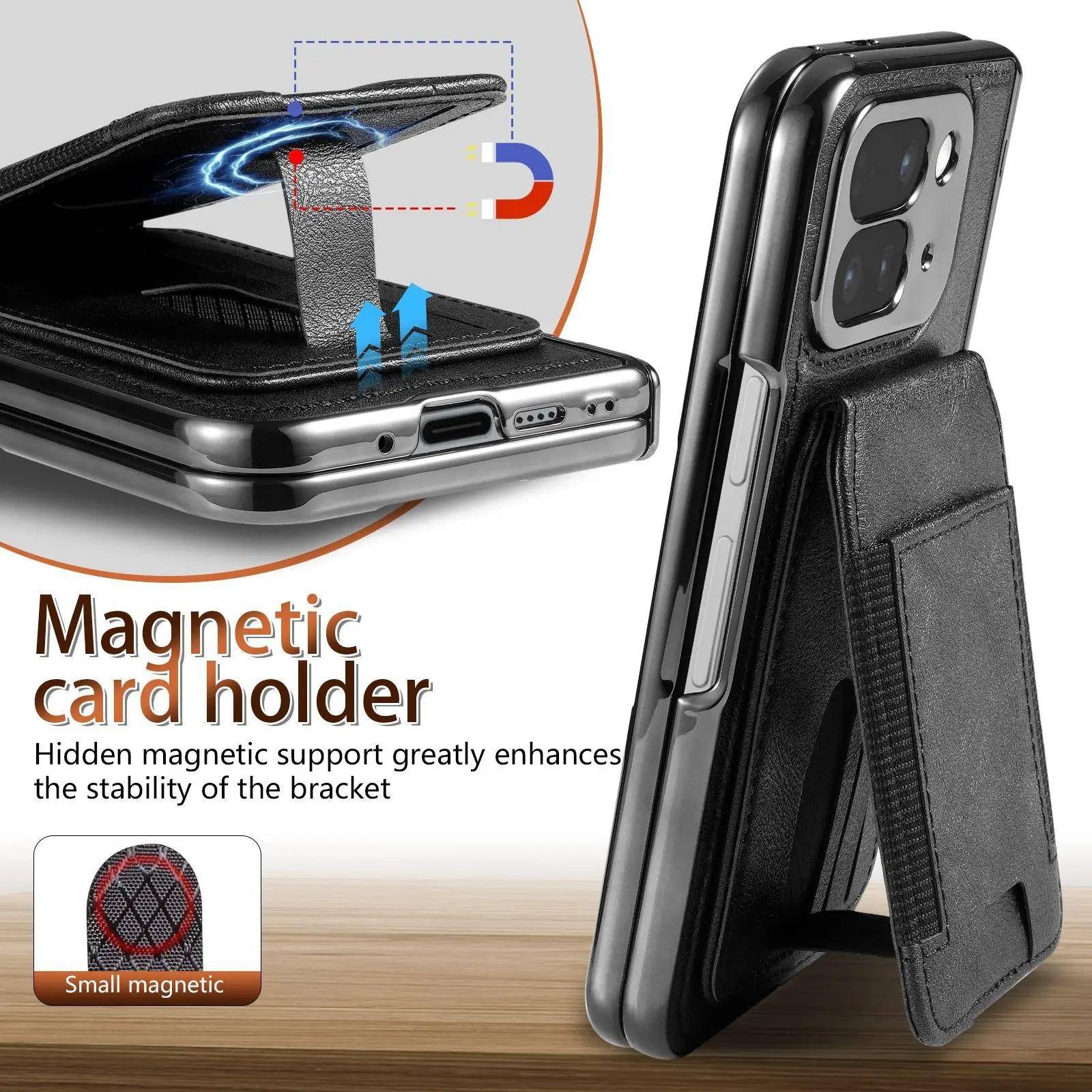 Magnetiskt Plånboksfodral i Läder för Google Pixel 10 Pro Fold 9Pro Fold Fäste Kort Hållare+Gångjärnsskydd+Skärmskydd Mobilskal brun