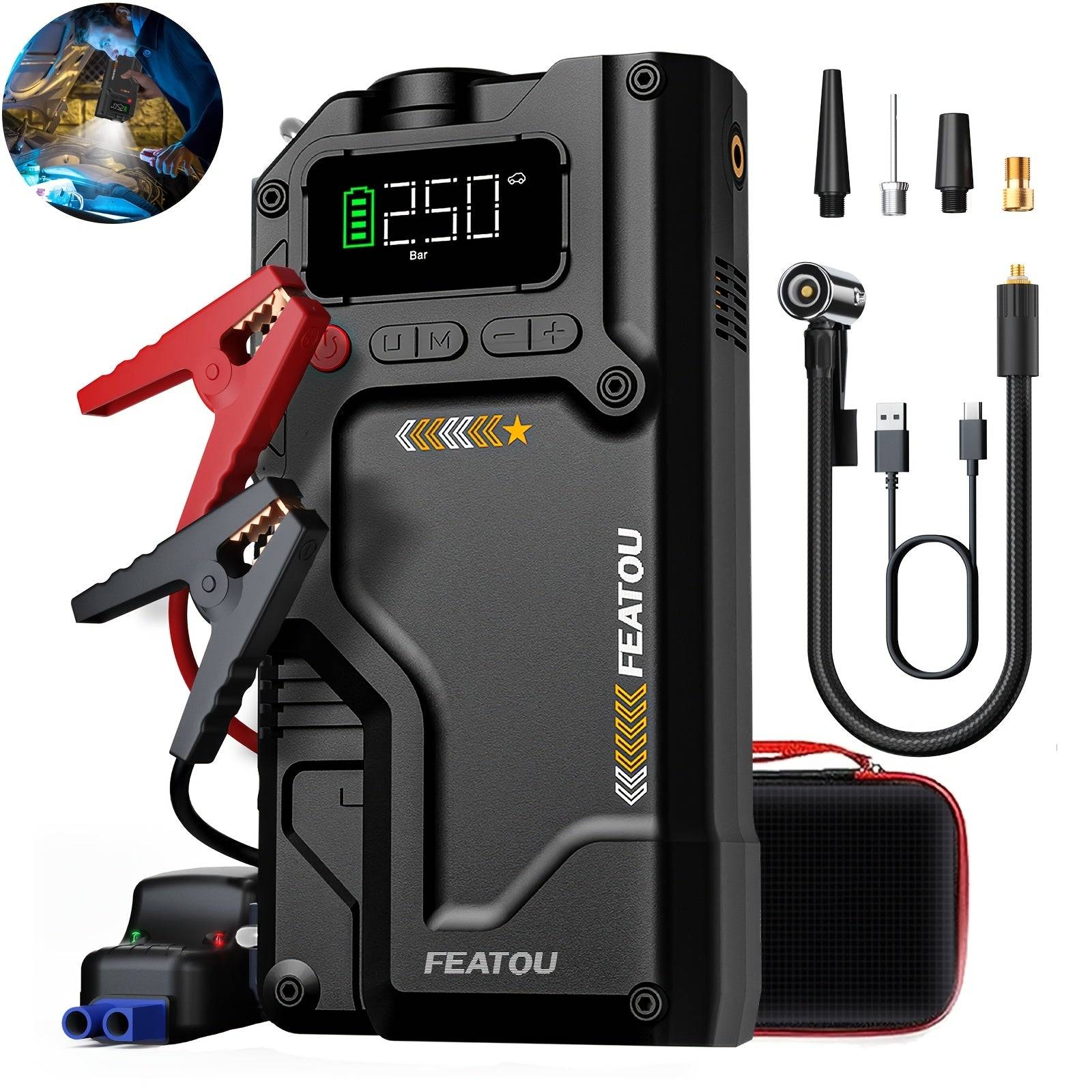 Car Air Compressor Jump Starter with Air Compressor, Battery Jump Starter Portable Peak - V5 Black