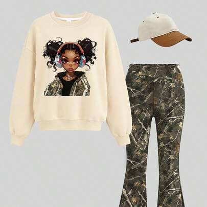 2-delars set för flickor, sweatshirt med tecknad flickprint + utsvängda sportbyxor med växtkamouflage, vår/höst - Aprikos (6Y,7Y,8Y,9Y,10Y,4Y,5Y,11Y,12Y)