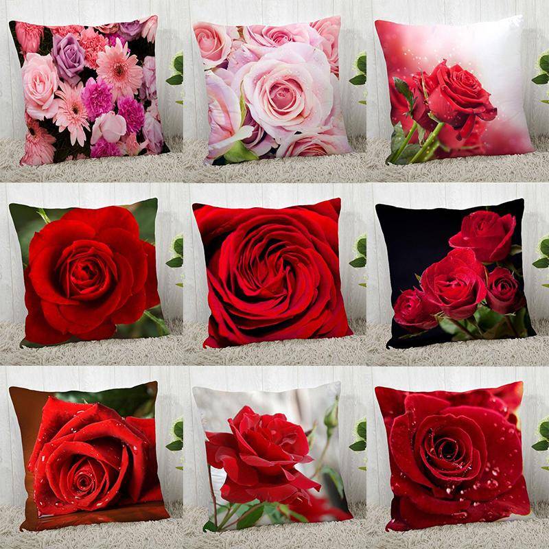 Dubbelsidig Röd Ros Blomma Kuddfodral Elegant Botanisk Konst Kuddfodral Lyx Vardagsrum Soffa Heminredning Fodral