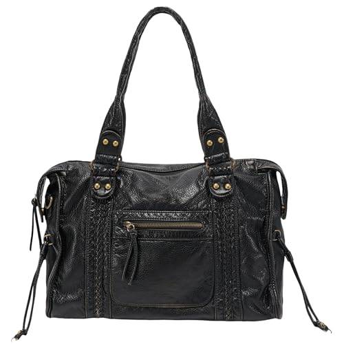 JOLLQUE Handtasche Damen für Frauen,Große Retro Gewaschen Leder Vintage Tasche,Vintage Y2K Sommer Hobo Schulter Arbeitstaschen(Schwarz)