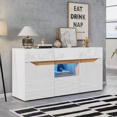 Skänk med LED-belysning och 4 handtagslösa lådor | Vardagsrumsbyrå 140x40x70 cm (vit + trä) | Högblankt skåp med 2 fack och golvlist | Mångsidig för T - Vitt