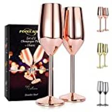 FOOLS ALIBAI Rostfritt stål champagneglas set med 2, 200 ml, okrossbara BPA-fria champagnevinglas för bröllop, fester och jubileum 3 färger (roséguld)