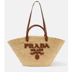 Prada Logo leather-trimmed raffia basket bag