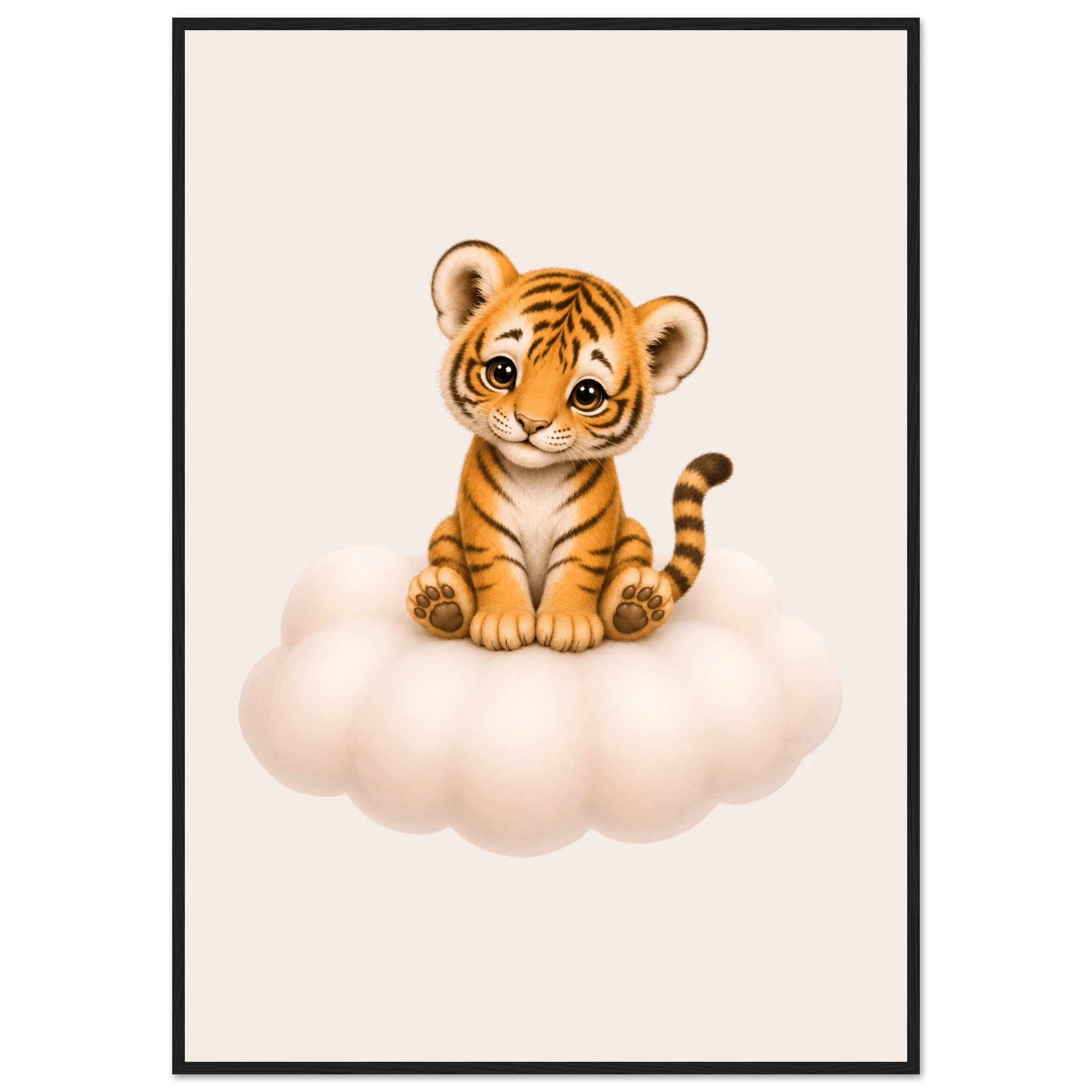 Söt tiger på moln poster-70x100 cm / 28x40″ / Med ram / Svart