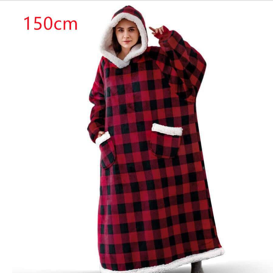 Oversized TV Hoodie Blanket Winter Warm Wearable Fleece - 150cm red black grid / One Size (One Size)