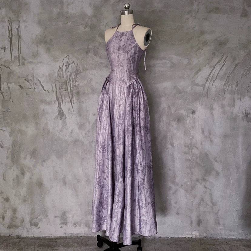 New Chinese Style 100% Ramie Suspender Dress | Empty Mountain Hsinchu Slim Retro Strap Dress - Cloud purple / S