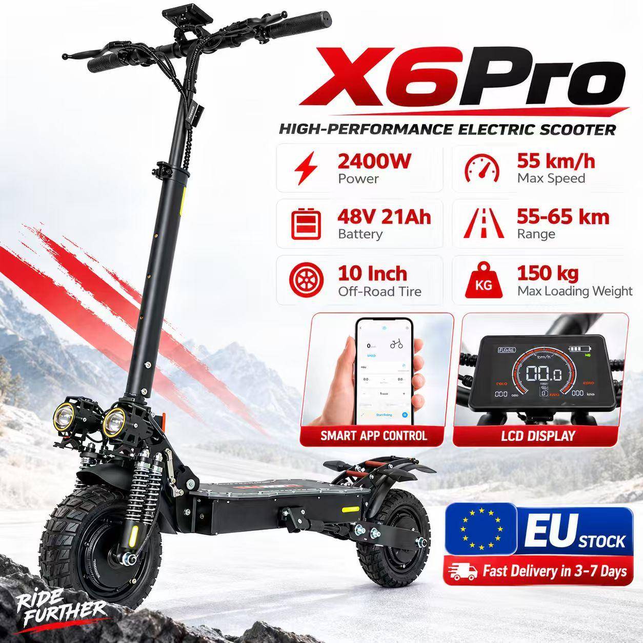 X6 Pro Elscooter 2400W Motor, 48V21AH Batteri, Stödjer NFC-upplåsning, Max Räckvidd 65km, Dubbla Lampor Lysande, HD LED-instrumentpanel Ström
