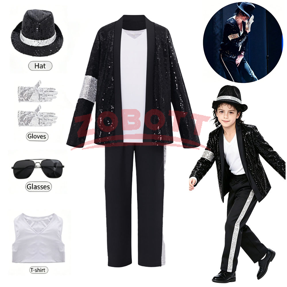 Pop Michael Jackson Teen Costume Cosplay Dance Black Suit Dance Disco Halloween Clothing glitter Stage Outfits