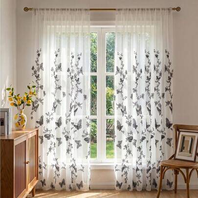 1 st svart skir gardin med fjärilsbroderi, gardinstångsfäste upptill, broderat hantverk, lätt och mjuk, vävt kvalitetsmaterial, tvättbar, romantisk go (Multi-size)