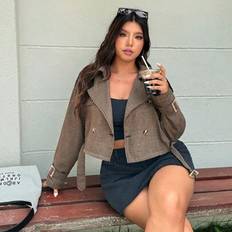 Plus Size Vintage Collar Short Trench Coat,Summer,Teacher Outfits For Women,Work Clothes Women - Coffee Brown - 0XL,1XL,2XL,3XL,4XL