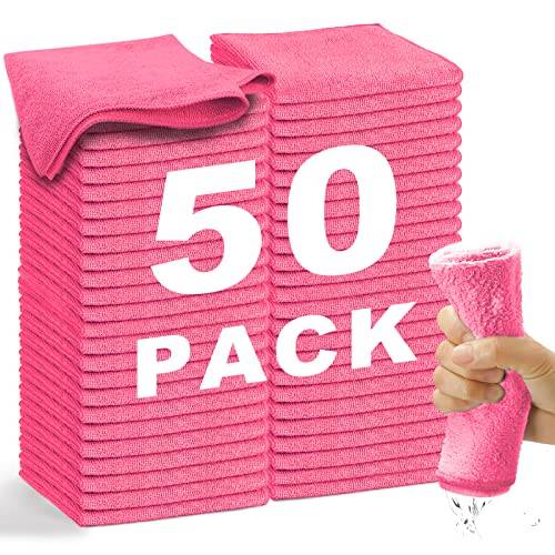 WEAWE rengöringsduk i mikrofiber – 50 st (33 x 33 cm) ultramjuka mycket absorberande trasor, återanvändbara och luddfria rengöringshanddukar för hushållning – maskintvätt (varmrosa)