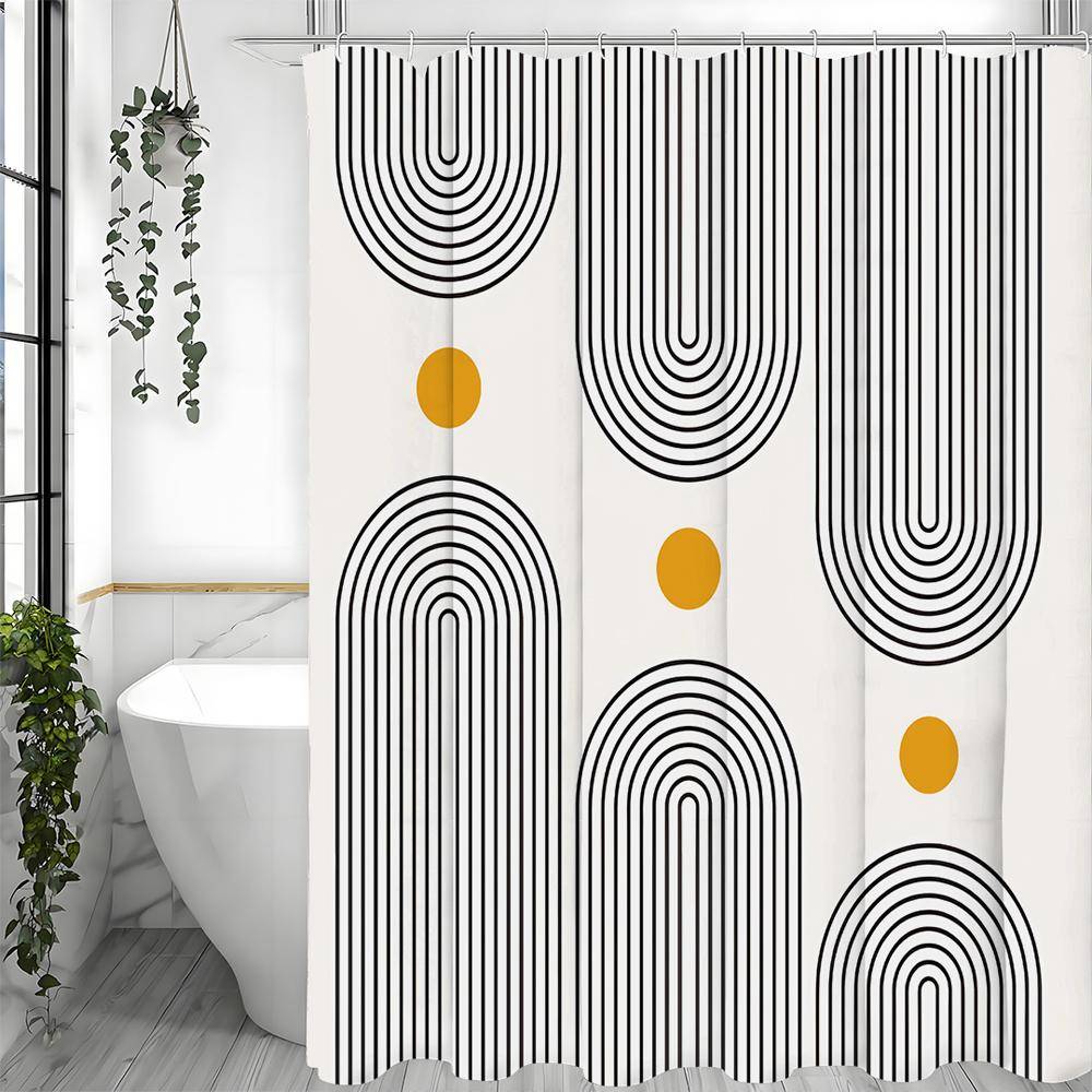 Mid Century Modern Duschdraperi, Abstrakt Minimalistisk Båge, Geometrisk Design, Minimalistiska Linjer, Beige, Badrum Dekorativ Show white