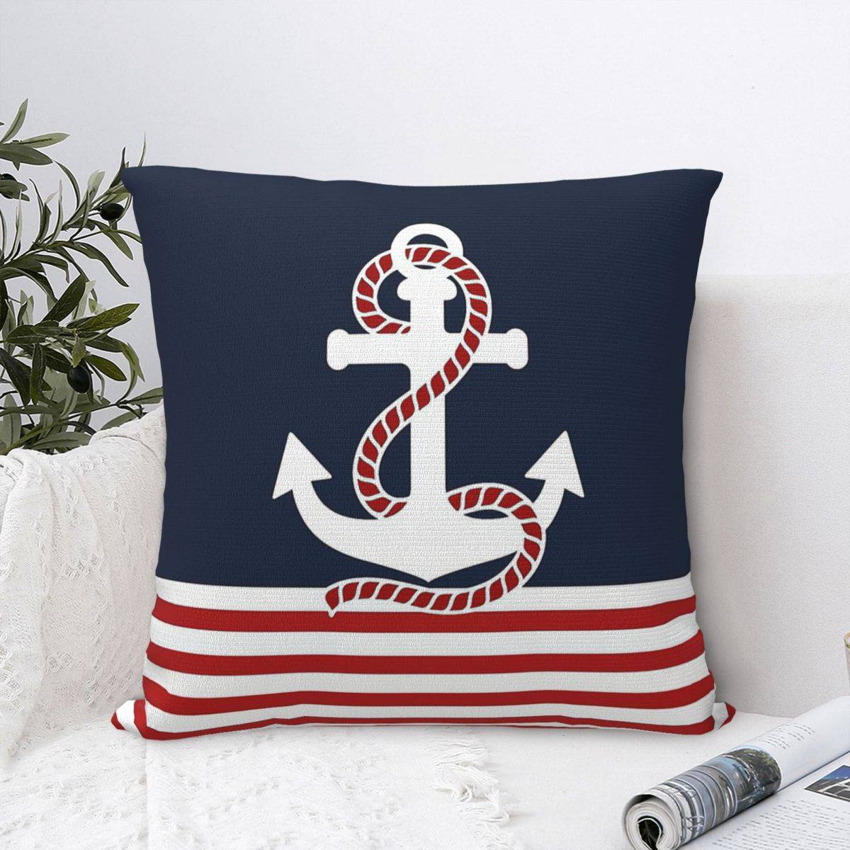 Maritim Röd Marin Blå Ankare Kvadratiska Kuddfodral Kuddfodral Fantastiskt Dekorativt Kuddfodral med Dragkedja för Soffa 45*45cm
