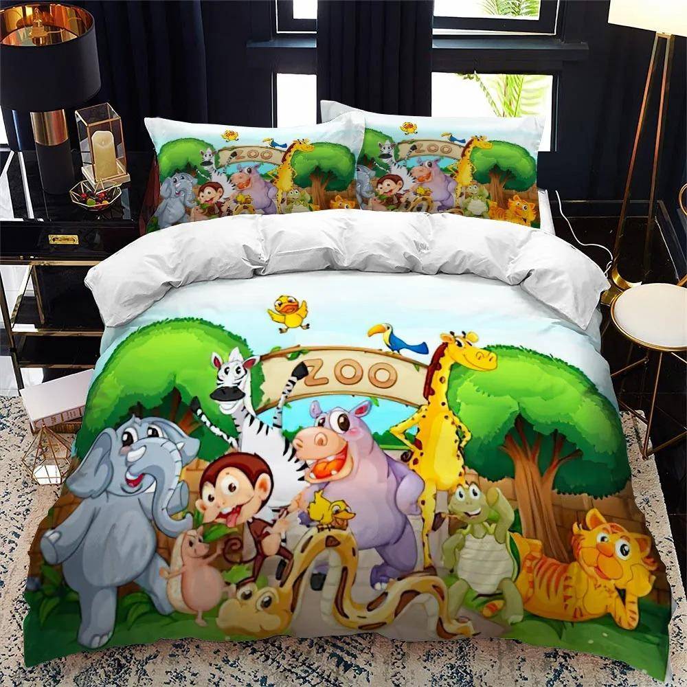 Tecknad Zoo Djur Sängklädesset Pojkar Flickor Enkel Queen Size Påslakan Örngott Säng Barn Vuxen Mode Hemtextil 70x133cm 2pcs