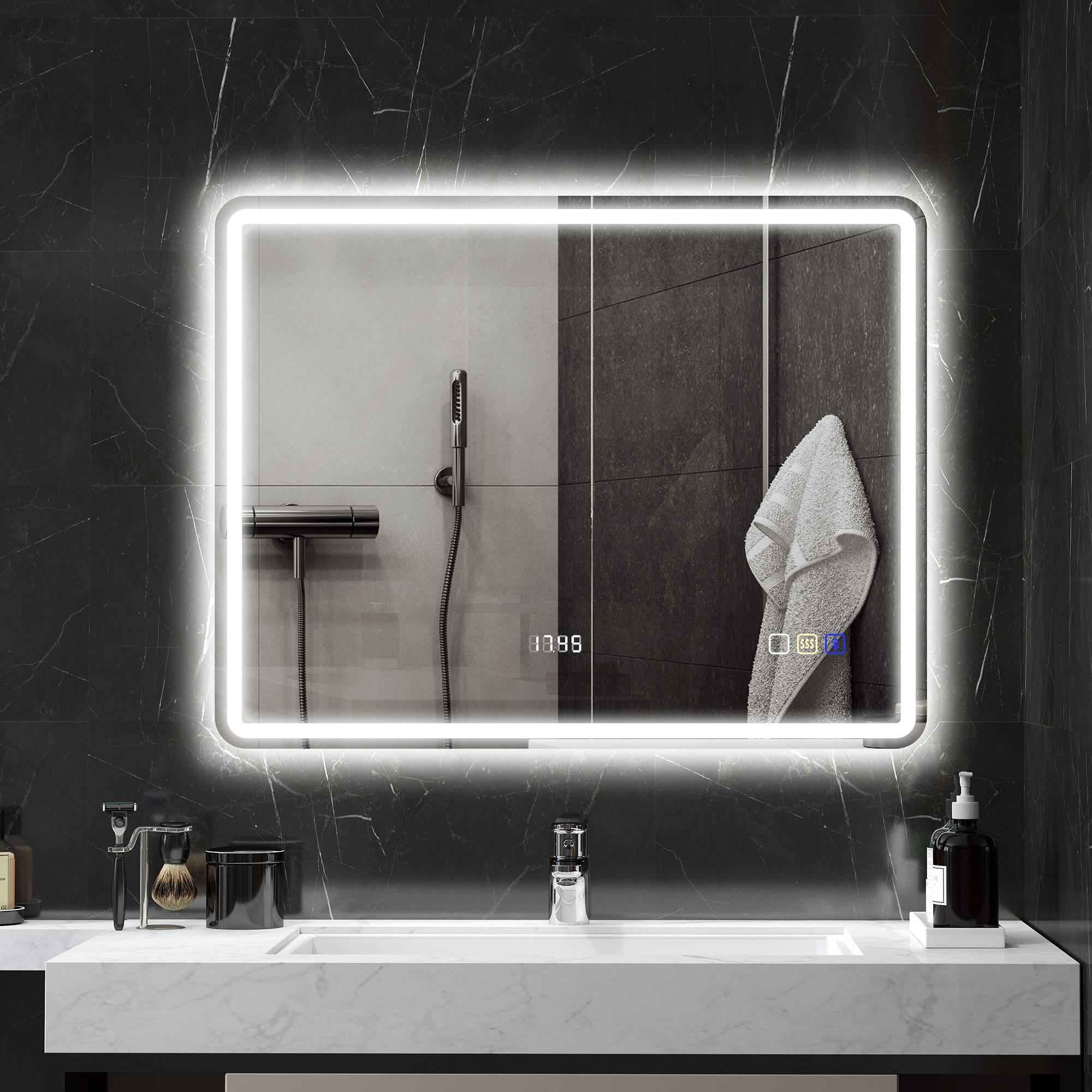 Badeværelsesspejl med Belysning 70x90 cm LED Spejl Vægspejl med Bluetooth Musikfunktion Ur Touch Switch Hukommelsesfunktion Oplyst Spejl Dugfrit med 3 Lysfarver Sølv.