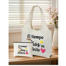 Printed Canvas Shoulder Bag Plus White Small Bag, Printed With Letters Colorful Print, Sun, Love Pattern, Portable Casual Storage Handbag, Travel Simp - White - Small Bag (1 Piece),Large Bag (1 Piece),Big Bag + Small Bag (2 Pieces)