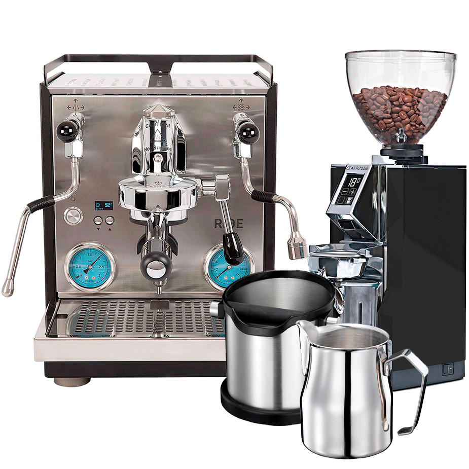 Profitec RIDE Espressomaskin Inklusive Eureka Mignon Libra 65 Krom/Mattsvart Espressokvarn, Knockbox & Mjölkkanna 0,5L
