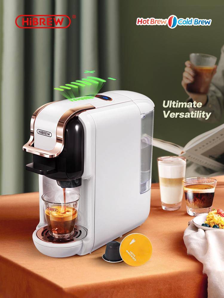 HiBREW Kaffemaskin för flera kapslar, Varm/Kall Dolce Gusto Mjölk Nespresso Kapsel ESE Pod Malet Kaffe Kafeteria 19Bar 5 i 1 white