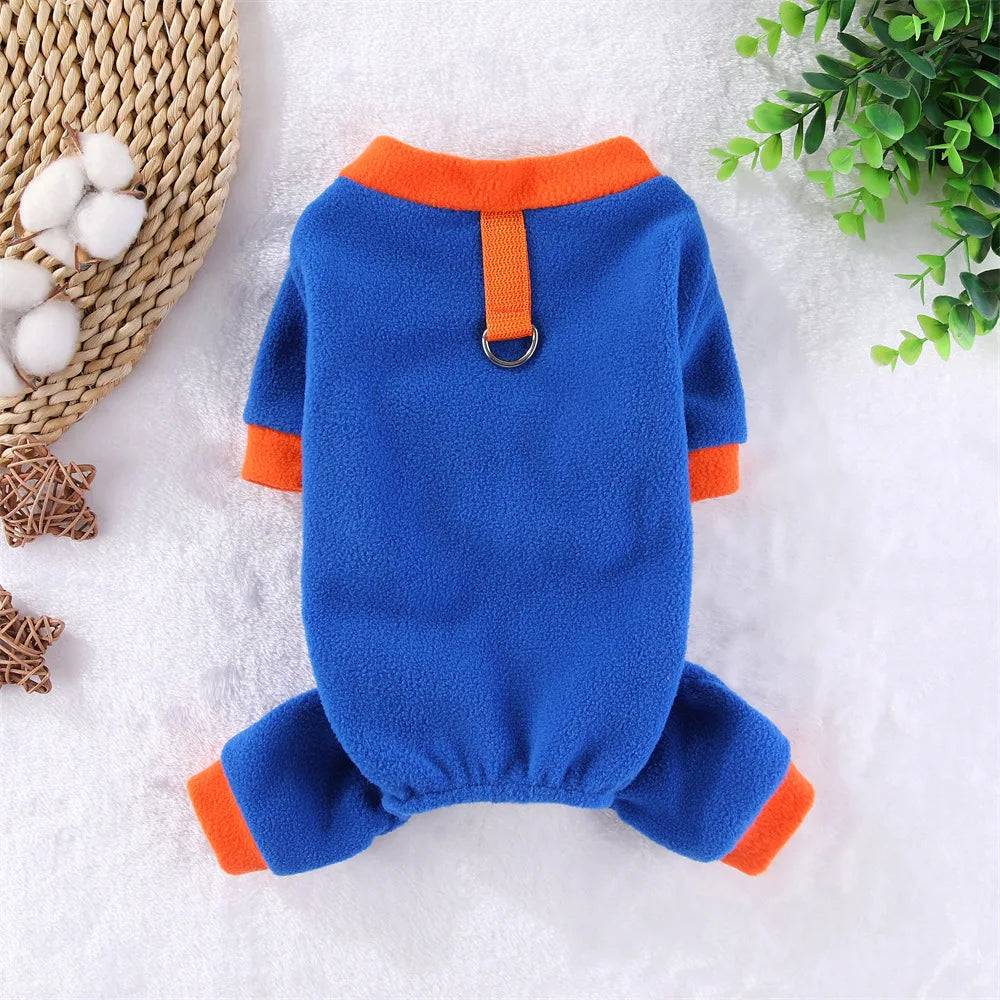 Fleece Dog Jumpsuit Hoodie with Leash Ring — Warm Winter Coat for Dogs & Cats - Blue / XS (XS)