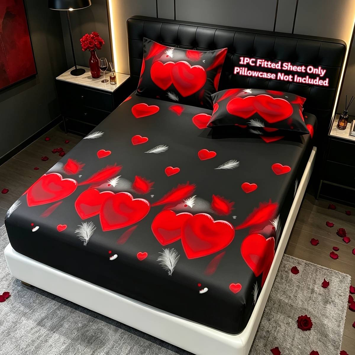 1pc Red Heart Print Fitted Sheet, Machine Washable, Soft And Comfortable. Lightweight And Breathable, Suitable For Bedroom. No Padding, Pillowcase Not Included