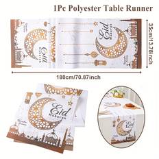 TEMU 1pc Elegant Table Runner - 35x180cm White Polyester With , Star & Lantern Design | Ramadan & Eid Al-fitr Celebrations | Festive Party Decor, Ramadan Decor, Tablecover Decor