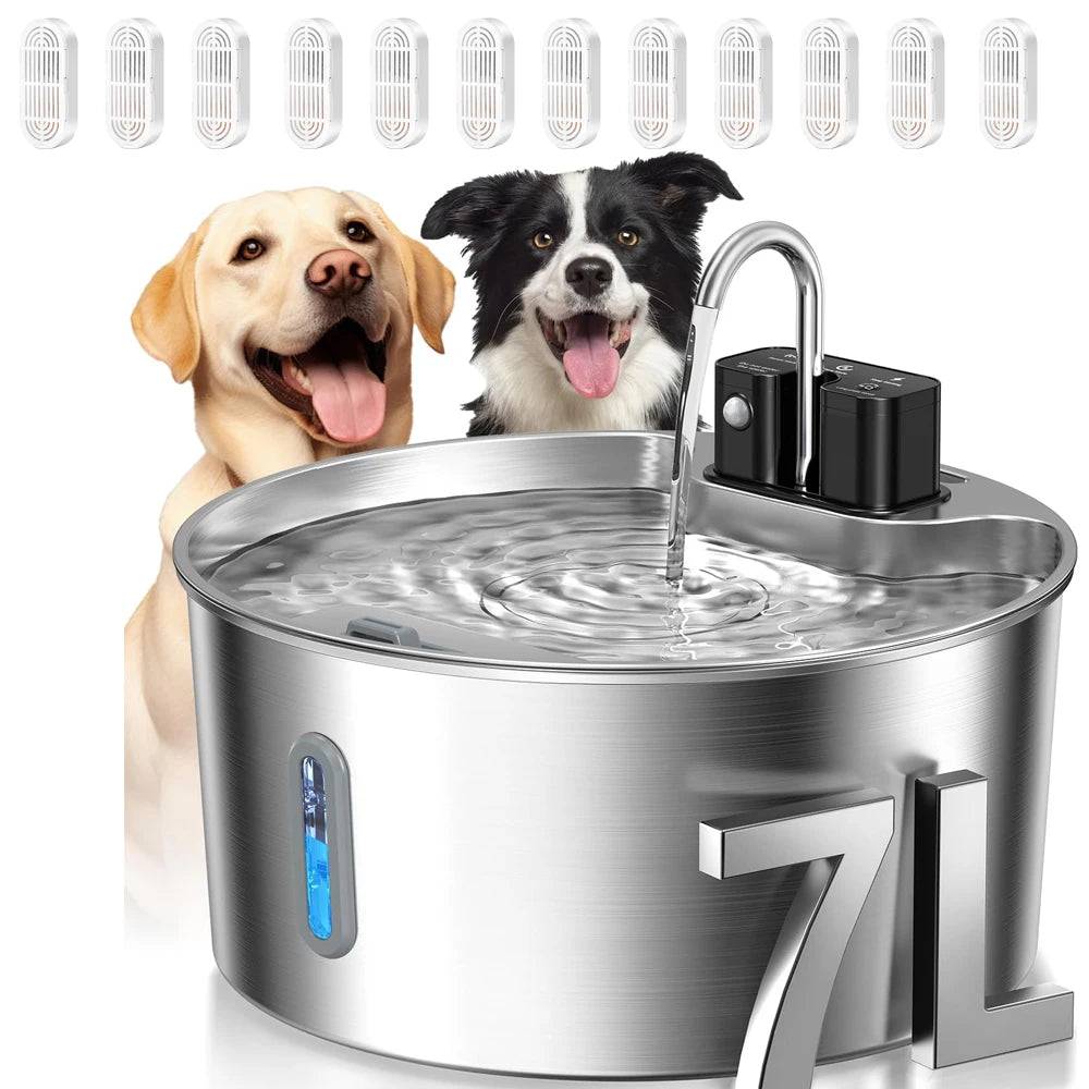 7L Stainless Steel Wireless Pet Water Fountain with Motion Sensor - Pet Water 12Chips
