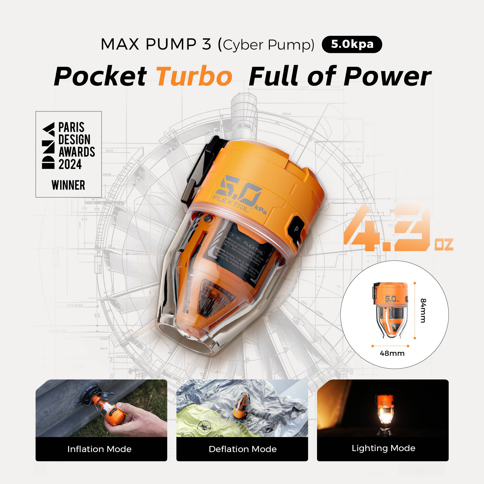 FLEXTAIL MAX PUMP 3 - Electric Air Pump, Portable Camping Pump with 3 Level Ambient Light for Air Bed, Sleeping Pads, Vacuum Bag