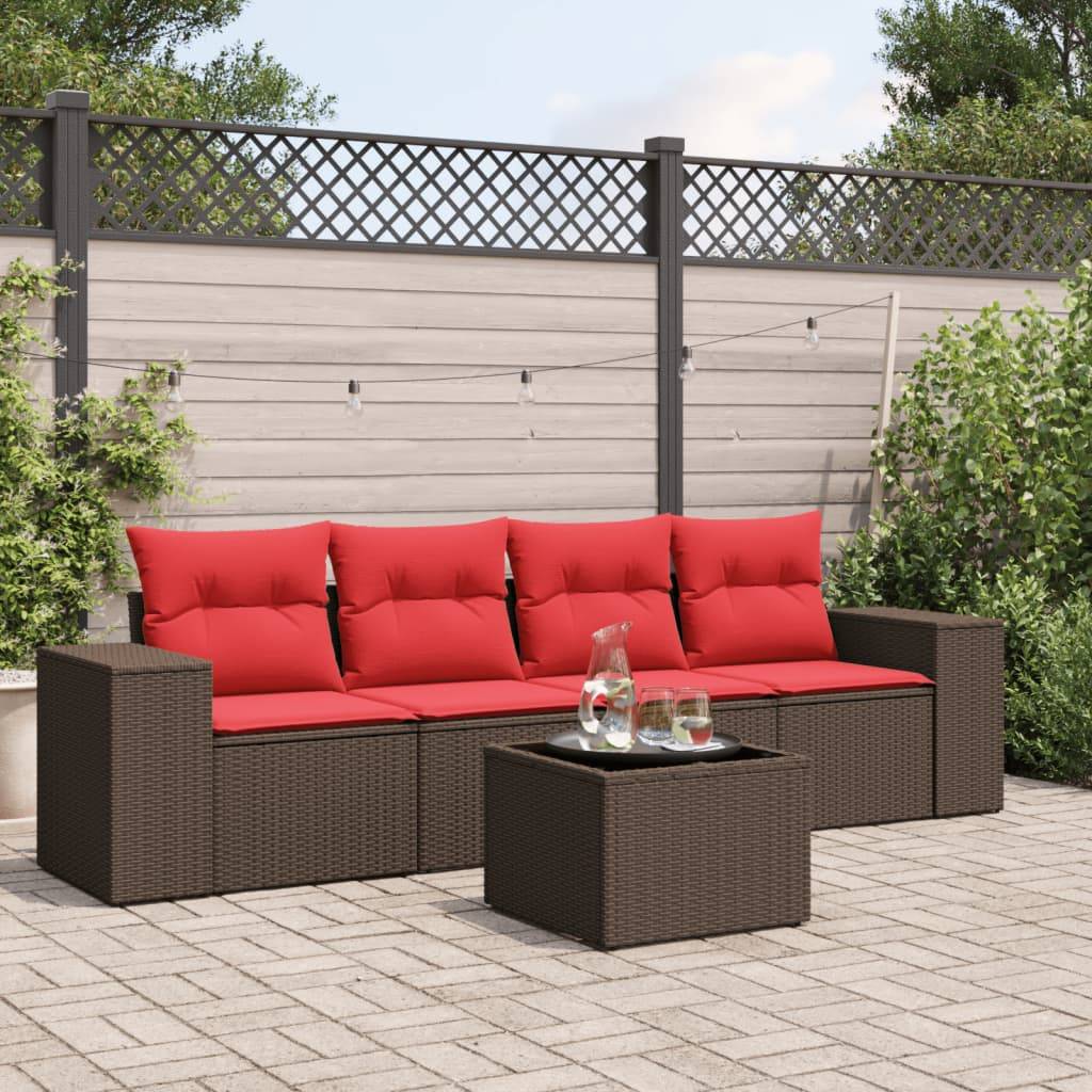 vidaXL havesofasæt med 5 dele og hynder brun polyrattan