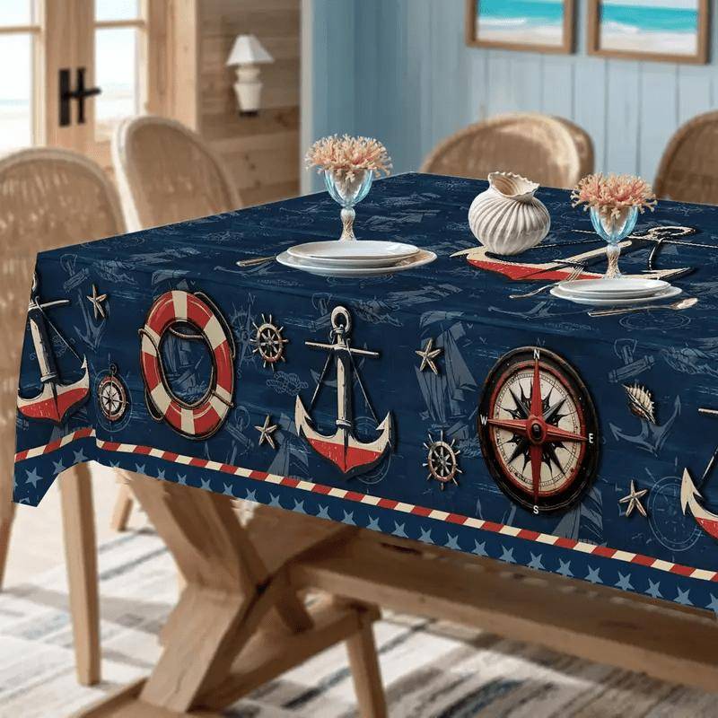 1 st Bordduk i Nautisk Stil Blått Ankare Livboj Kompass Tryck Bordsöverdrag för Matsal Kök Fest Rektangulär