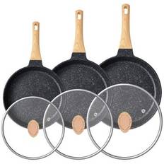 RIOVARM stekpanna med non-stick beläggning med lock, induktionspannsats med värmebeständiga handtag, omelettpanna i granit utan PFOA, kokkärl i marmor - Svart