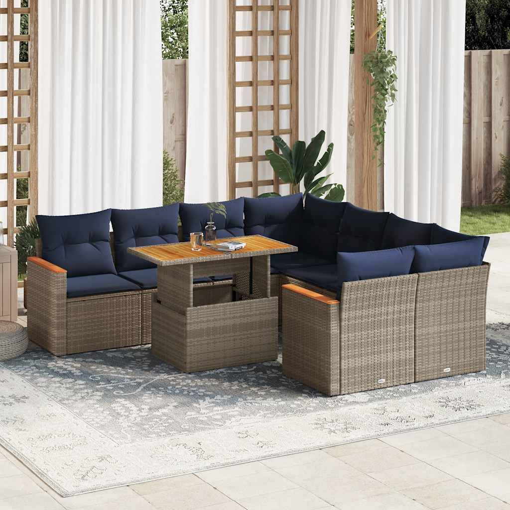 vidaXL sofasæt til haven 9 dele med hynder polyrattan grå