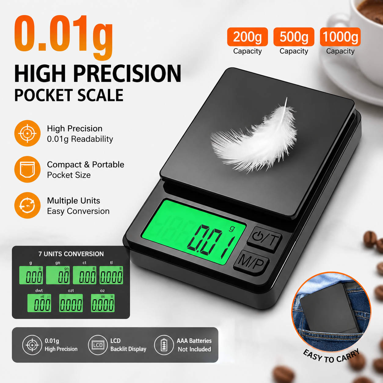 Digital Pocket Scale 200g x 0.01g High Precision Mini Digital Gram Scale  Seven measurement methods Backlit LCD Jewelry scale