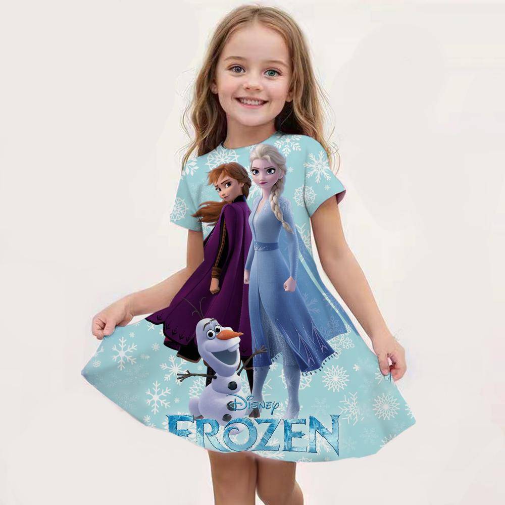2026 Disney Ny Sommar Flicka Prinsessa Elsa Klänning Mode Tecknad Söt 3D Tryck Klänning Barn Kortärmad Prinsessa Frost Kläder cm