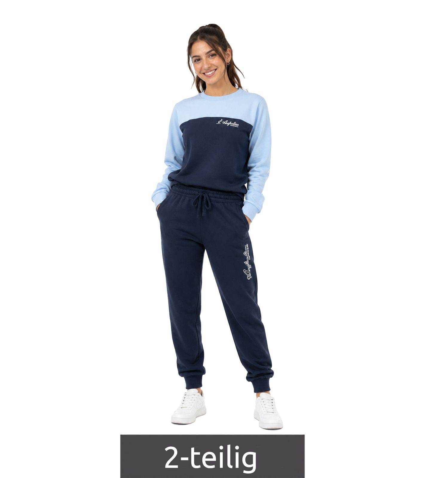 Moderner Australian Damen 2-teiliger Homewear- & Freizeit-Jogginganzug mit Sweatshirt & Jogginghose AF 44 in Navy Blau/Hellblau